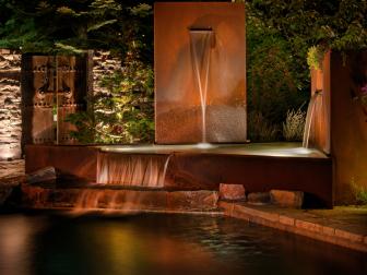 Modern Corten Steel Water Feature With Landscape Lighting