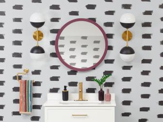 Black and White Bathroom With Brushstroke Pattern on the Walls